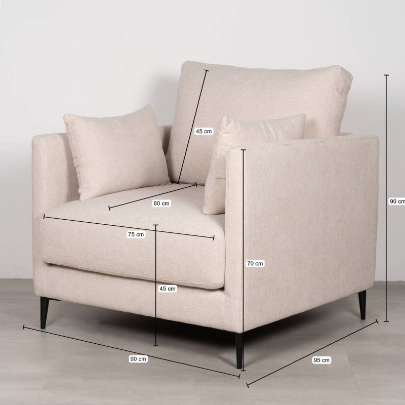 Funny Armchair Upholstered in Sand Beige with Black Metal Legs 90cm