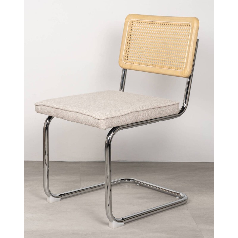 Silla de comedor Nilo en fresno con respaldo de ratán y asiento tapizado