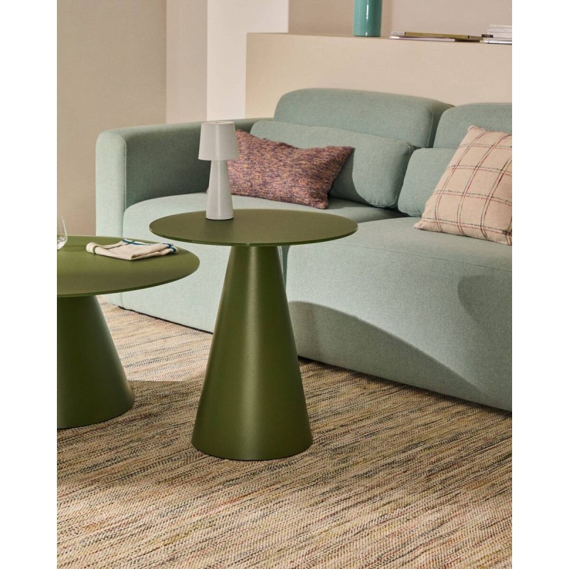 Wilshire side table, frosted tempered glass and matte green painted steel, Ø50cm