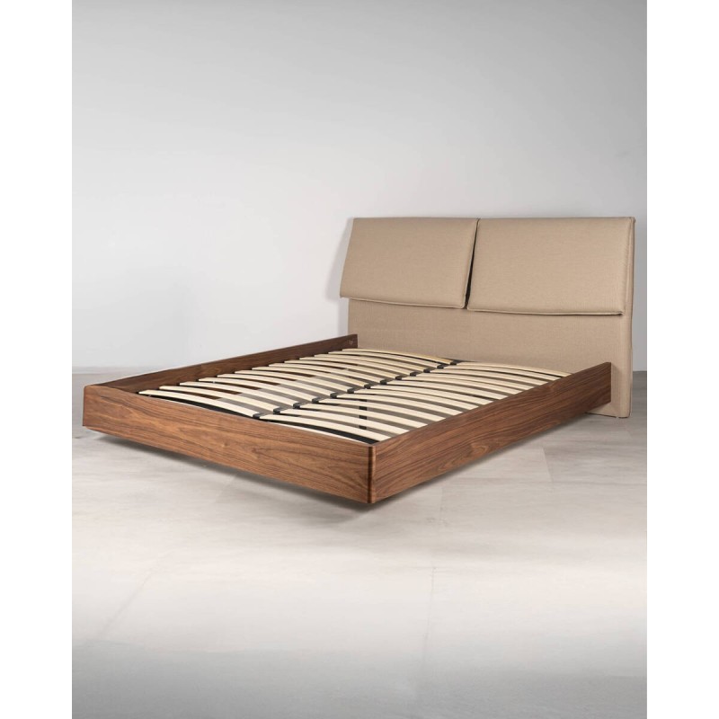 Walnut double bed with upholstered headboard