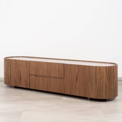 Antea TV unit in walnut with rounded design and ivory lacquered top