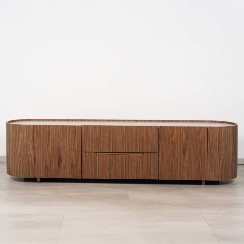 Mueble TV Antea en nogal con diseño redondeado y tapa en lacado marfil