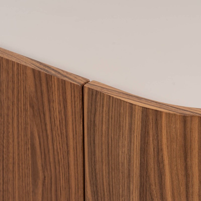 Antea TV unit in walnut with rounded design and ivory lacquered top