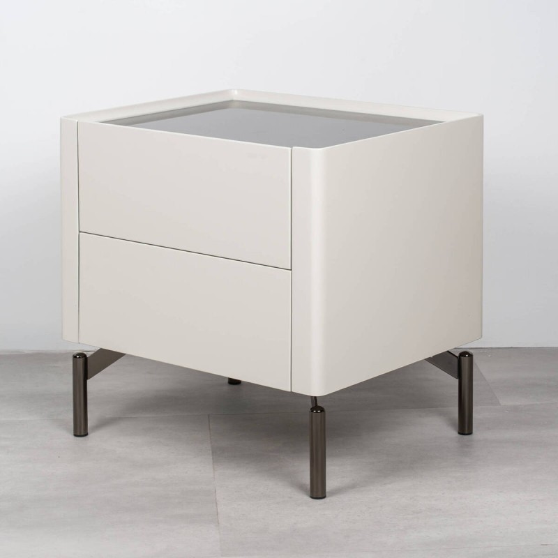 Lumi bedside table with two drawers, light grey and black glass top