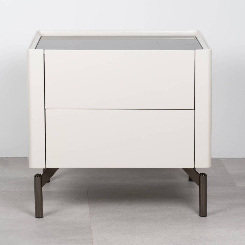 Lumi bedside table with two drawers, light grey and black glass top