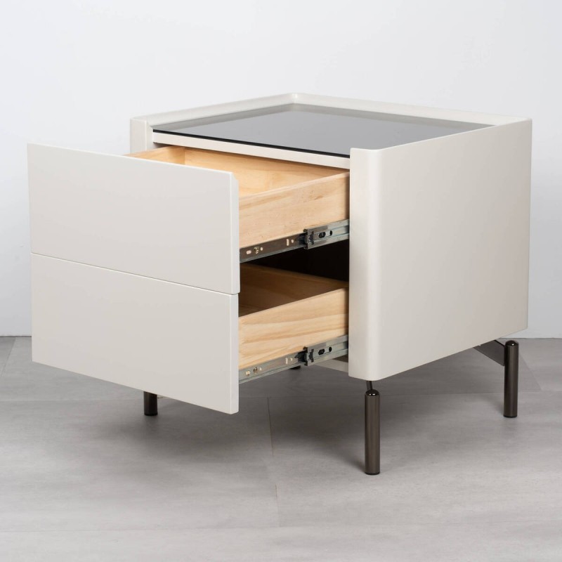 Lumi bedside table with two drawers, light grey and black glass top