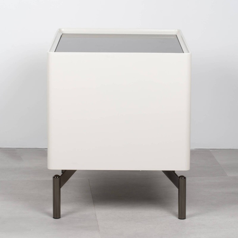 Lumi bedside table with two drawers, light grey and black glass top