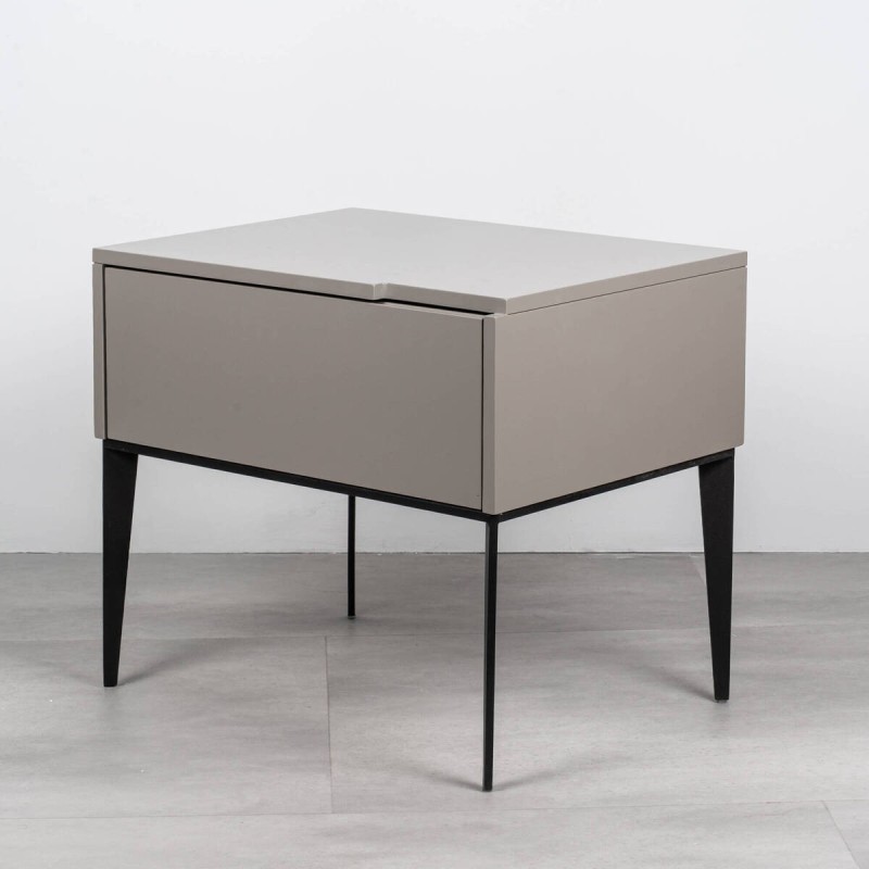 Tempo taupe grey bedside table with one drawer and raised metal legs