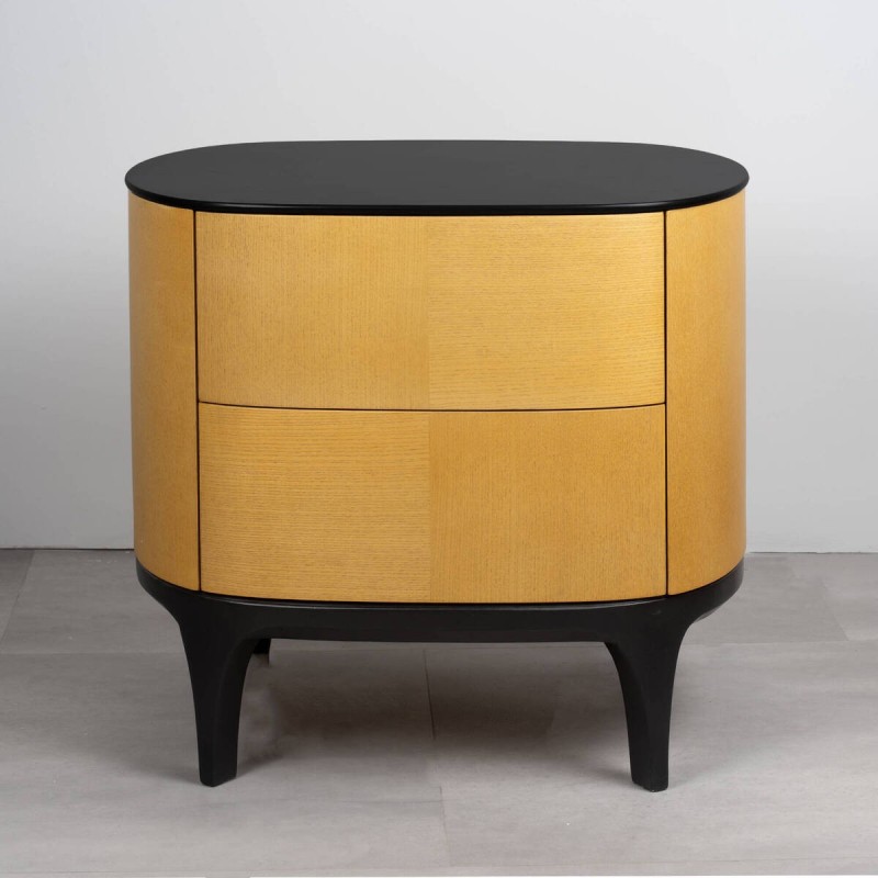 Senda oval wooden bedside table with black top and two drawers