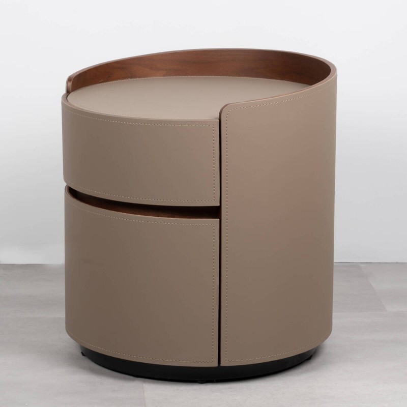 Round Silk bedside table upholstered in leather with two drawers