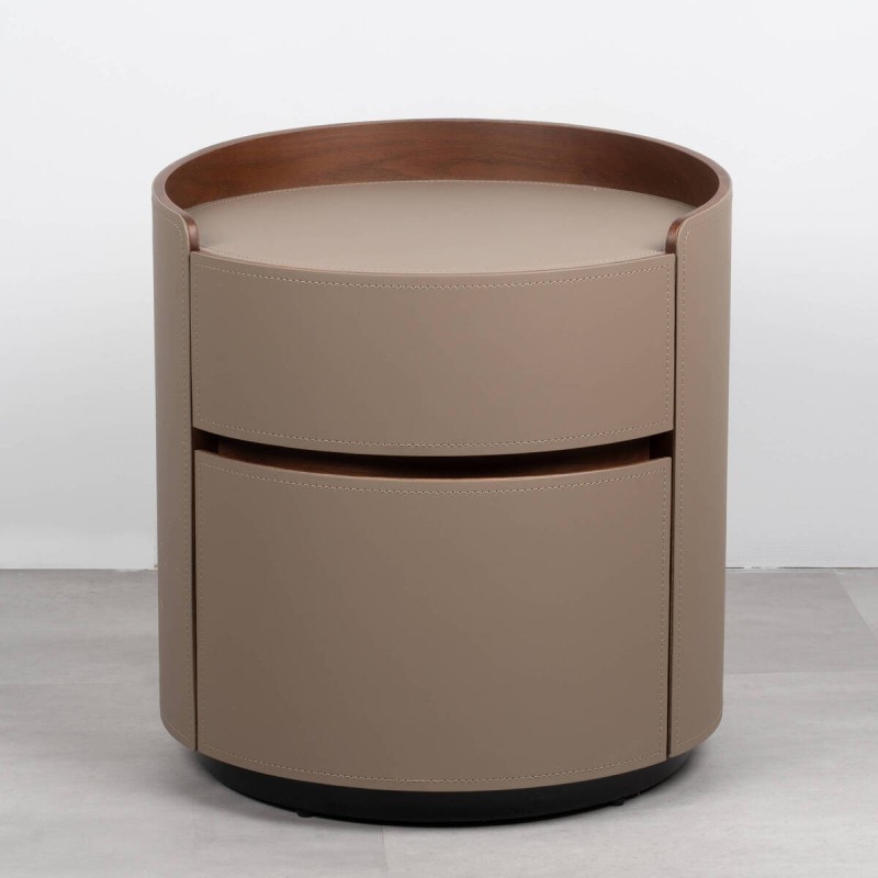 Round Silk bedside table upholstered in leather with two drawers