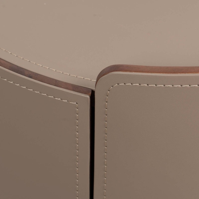 Round Silk bedside table upholstered in leather with two drawers