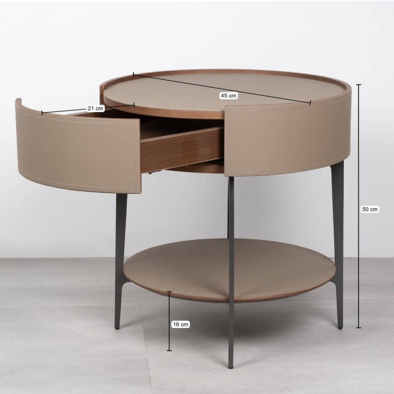 Velia round bedside table upholstered in leather with metal legs