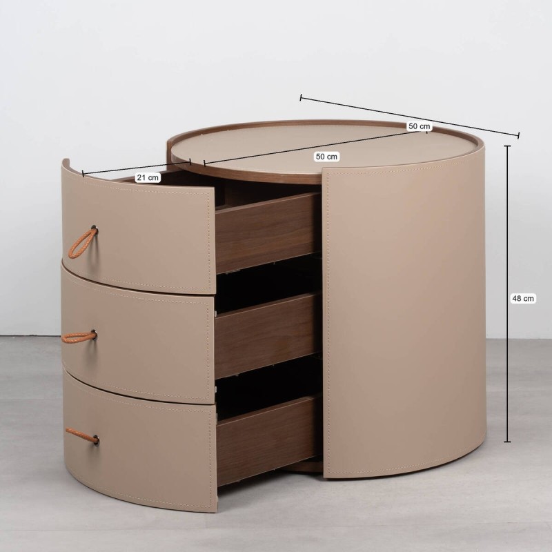 Velien round bedside table upholstered in leather with three drawers