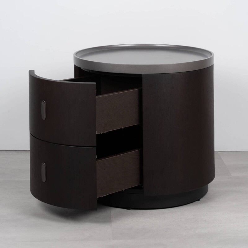 Mesita de noche Arca de madera oscurecida y detalles en gris oscuro