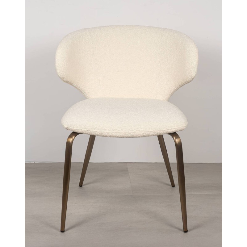 Silla Amelie tapizada en borreguito blanco con patas bronce metálicas