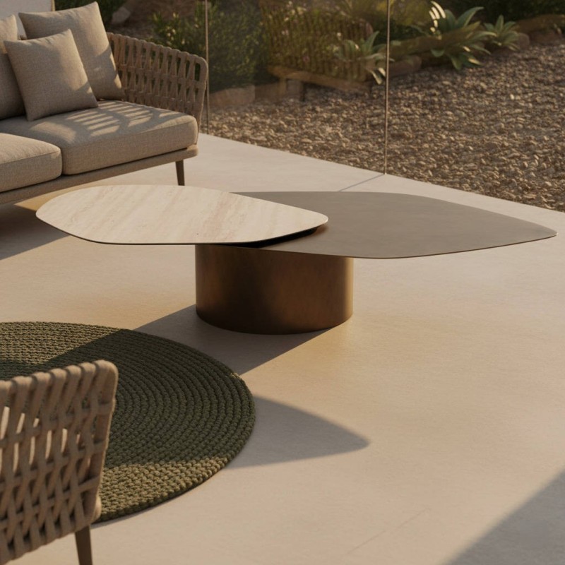 Orion double-height coffee table in travertine ceramic and metal with a gold base