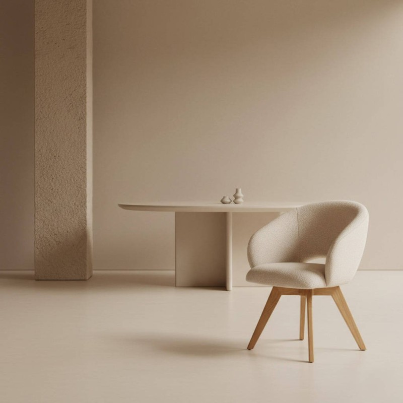 Nobu dining chair upholstered in beige with wooden legs and swivel base