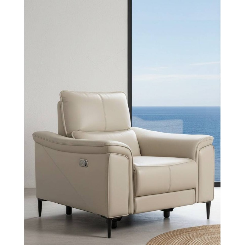 Astor electric reclining armchair in beige leather with fold-out footrest