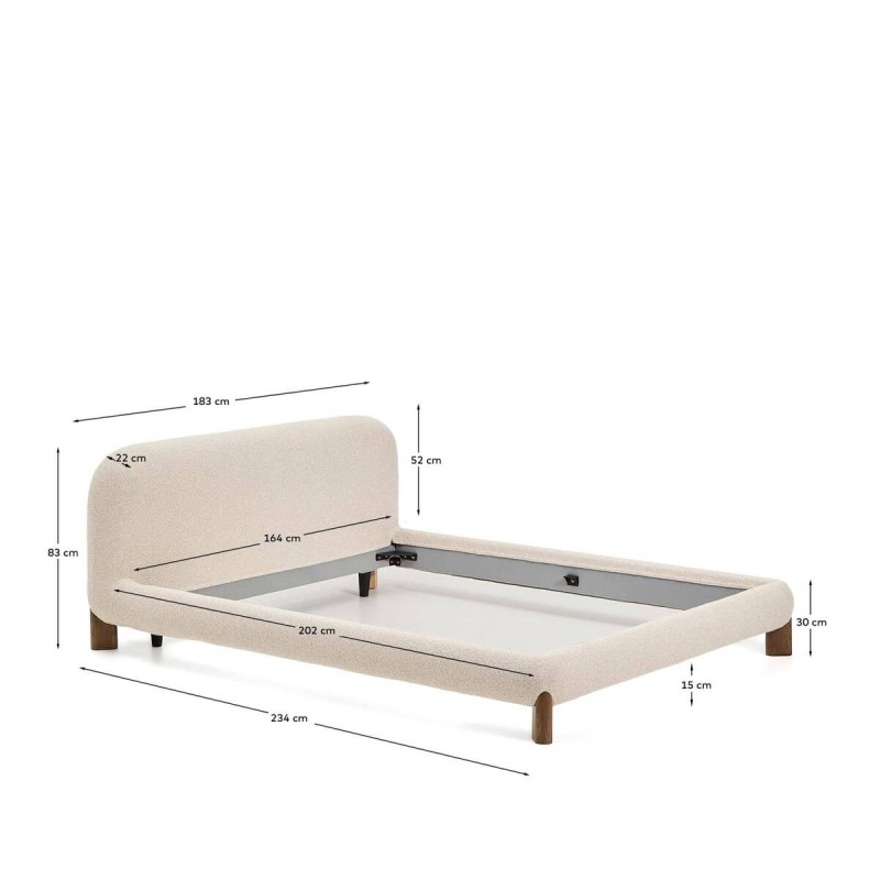 Odina bed with removable cover, raw bouclé fabric and solid ash wood legs with a walnut finish for a 160 x 200 cm mattress.