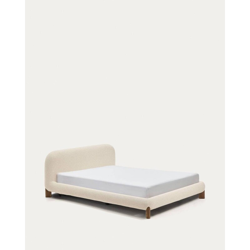 Odina bed with removable cover, raw bouclé fabric and solid ash wood legs with a walnut finish for a 160 x 200 cm mattress.