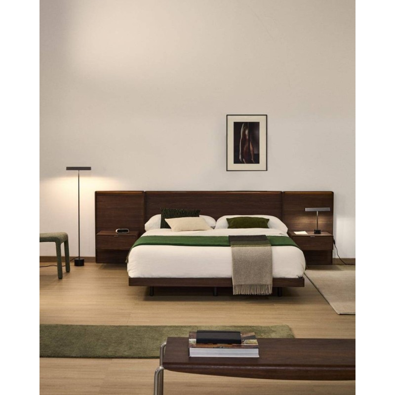 Norlen bed with 2 walnut veneer bedside tables with dark finish and LED light for 180 x 200 cm mattress FSC Mix Credit