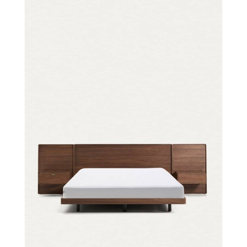 Norlen bed with 2 walnut veneer bedside tables with dark finish and LED light for 180 x 200 cm mattress FSC Mix Credit