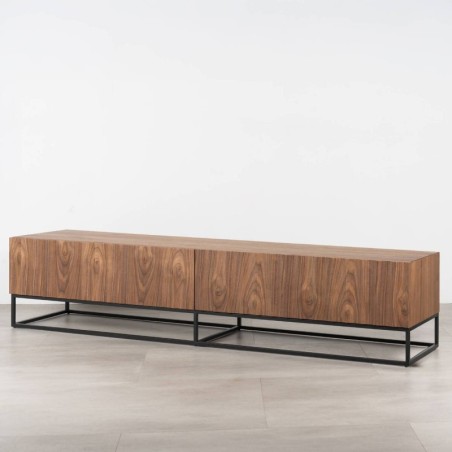 Mueble TV Kael de Chapa de Nogal con ondulaciones y patas de metal negro 197 cm