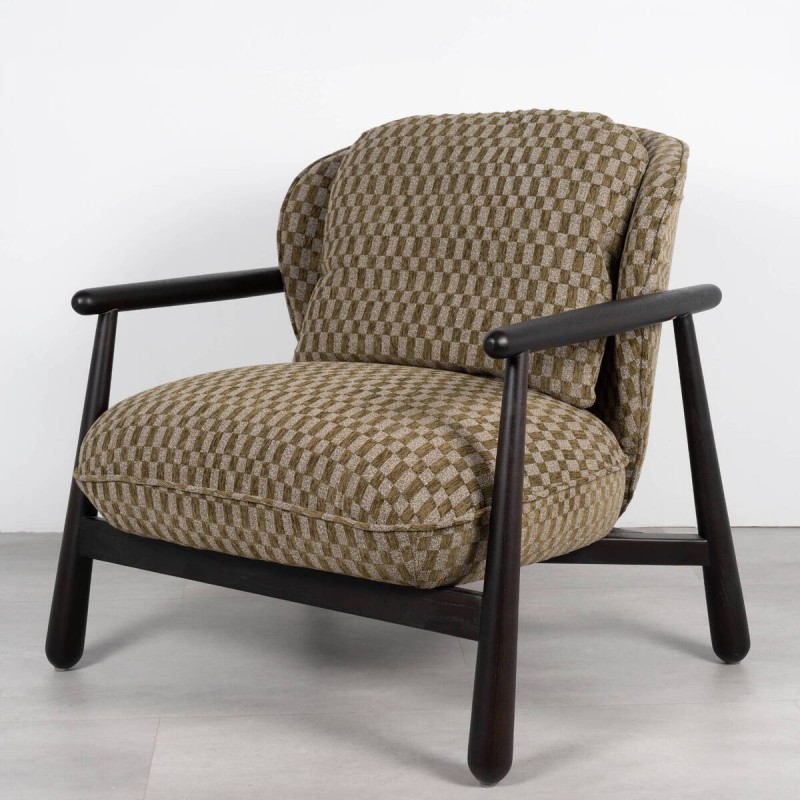 Sillón Pelion Tapizado en Chenilla Verde Oliva con Estructura de Madera Wengué