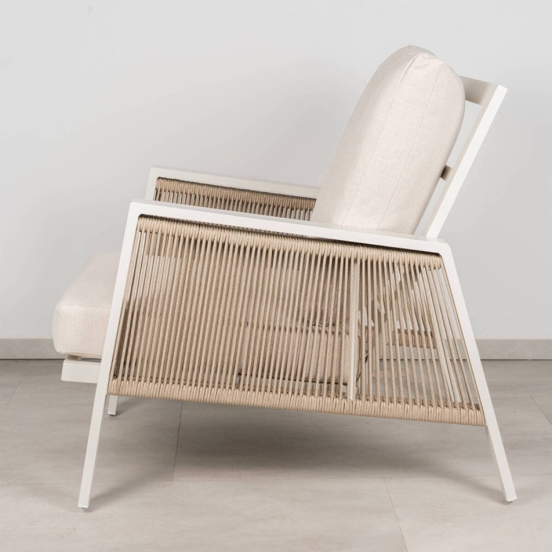 Tavira Outdoor Armchair, White Lacquered Aluminum and Sand Textilene Rope