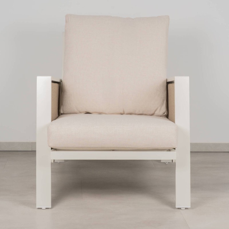 Tavira Outdoor Armchair, White Lacquered Aluminum and Sand Textilene Rope