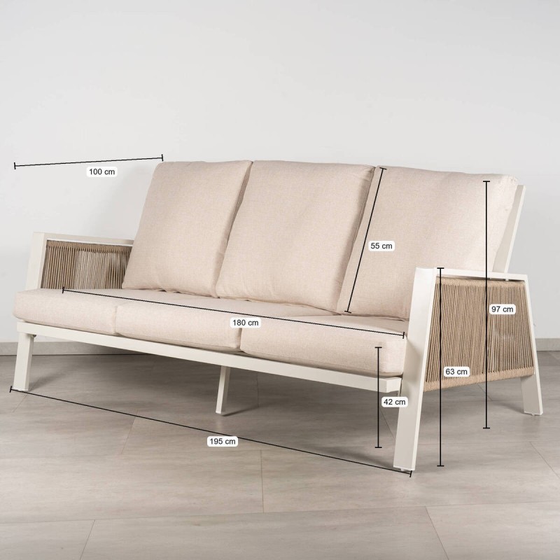 Tavira 3-Seater Outdoor Sofa, Aluminum and Textilene Rope, Sand, 195 cm