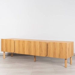 Mekong TV stand in oak melamine, curved doors and wooden legs, 200 cm