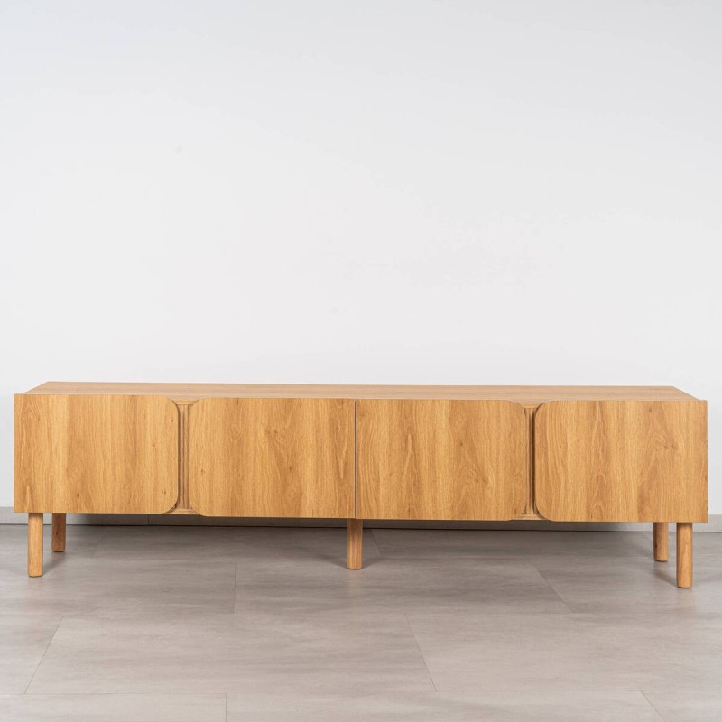 Mueble TV Mekong de Melamina Roble, puertas curvadas y Patas de Madera 200 cm