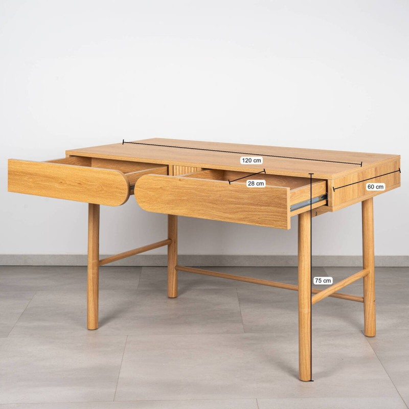 Desk with Mekong Oak Finish and Wooden Legs with Two Drawers, 120 cm
