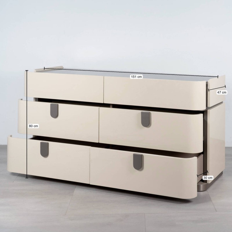 Limpopo Beige Lacquered Chest of Drawers with 6 Drawers and Metal Handles 150 cm
