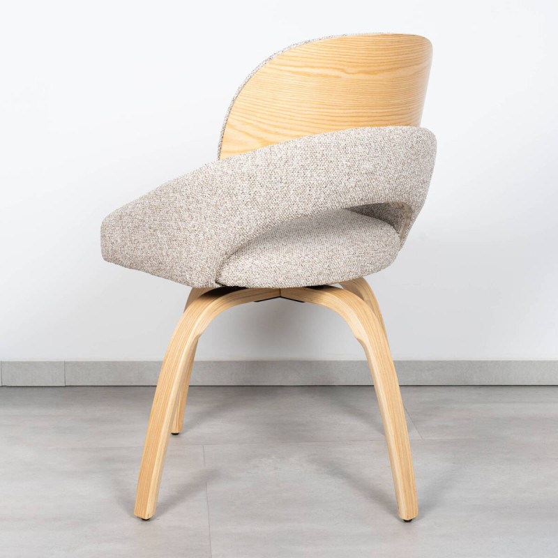 Silla de Comedor Lora Tapizada en Bouclé Crema con Patas de Madera Curvada en Roble Natural