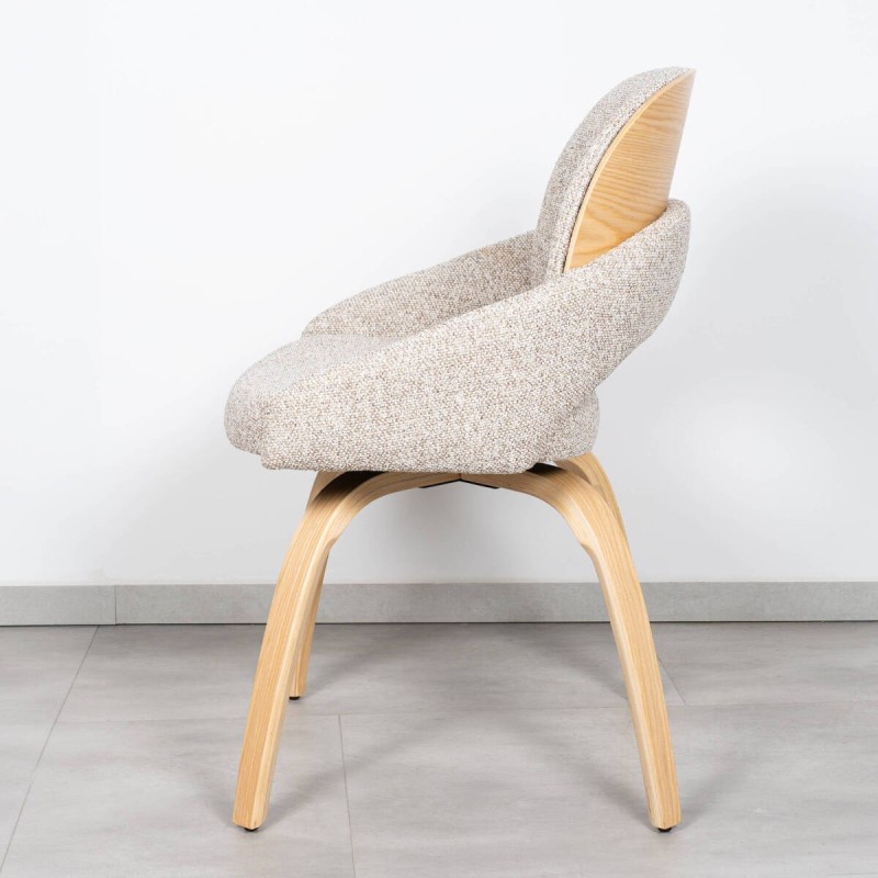 Silla de Comedor Lora Tapizada en Bouclé Crema con Patas de Madera Curvada en Roble Natural