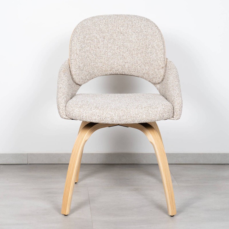 Silla de Comedor Lora Tapizada en Bouclé Crema con Patas de Madera Curvada en Roble Natural