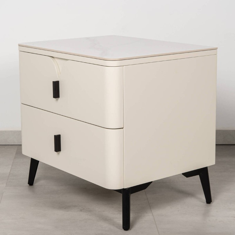 Atlas Light Beige Nightstand with Marble Effect Top and Black Legs