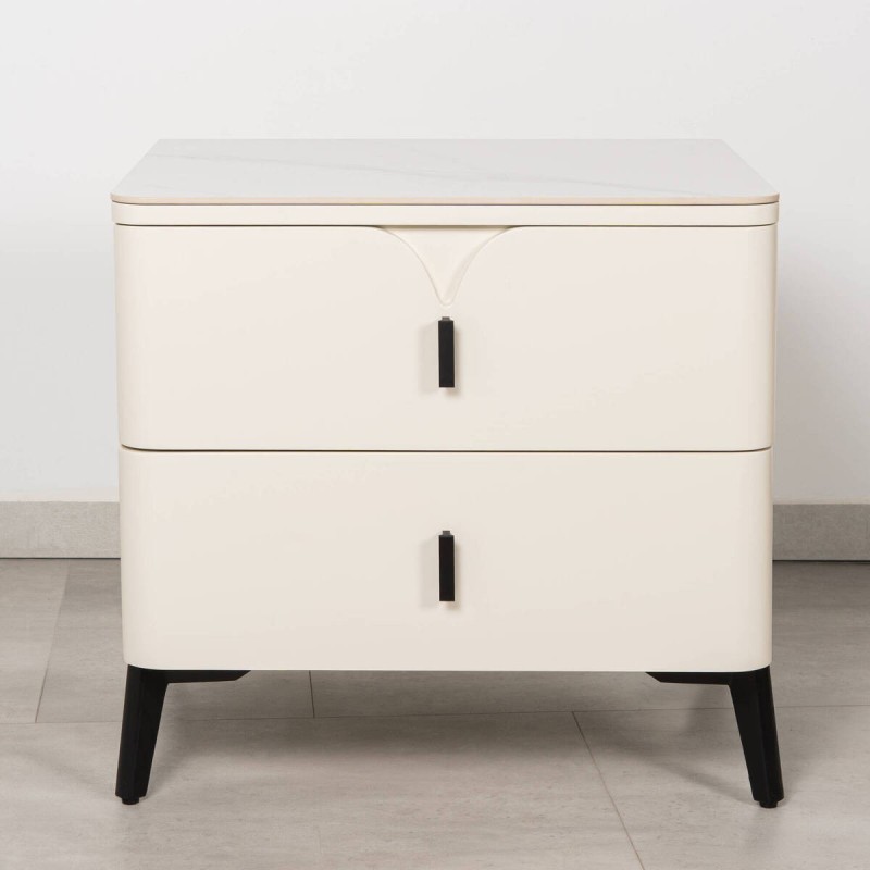 Atlas Light Beige Nightstand with Marble Effect Top and Black Legs