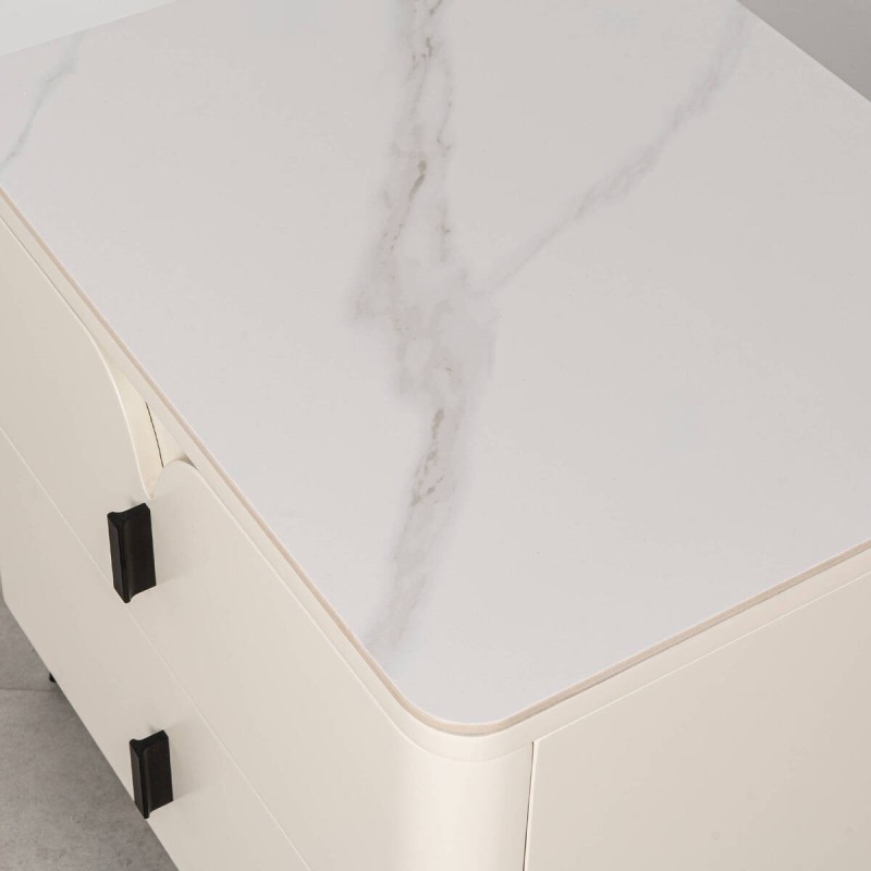 Atlas Light Beige Nightstand with Marble Effect Top and Black Legs