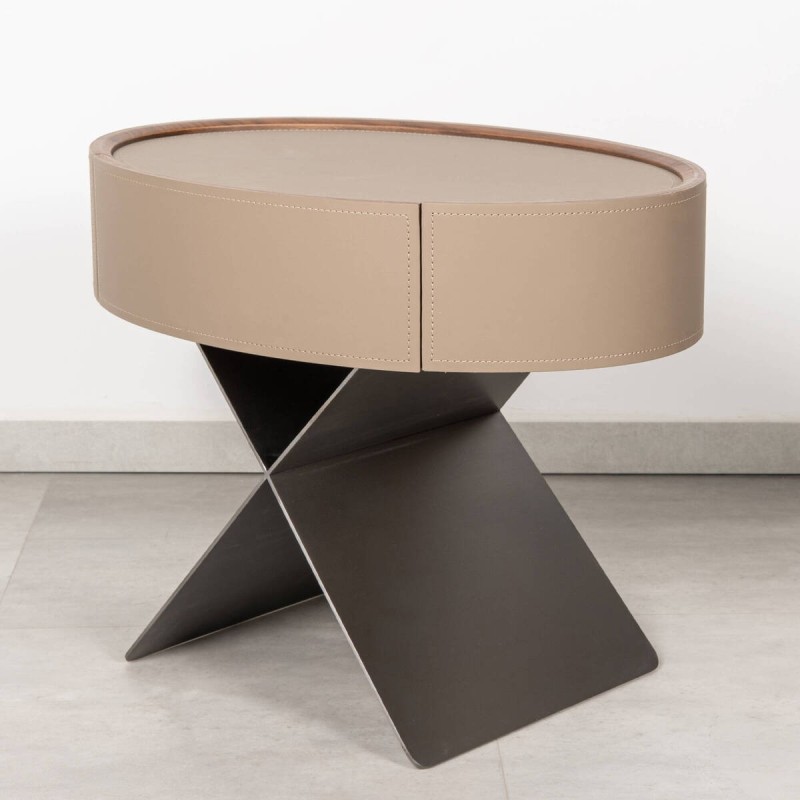 Foix Oval Nightstand in Taupe Leather and Steel Cross Leg