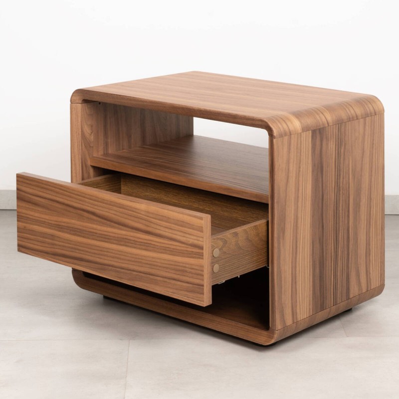 Aria Nightstand in Walnut Veneer with Drawer and Open Shelves