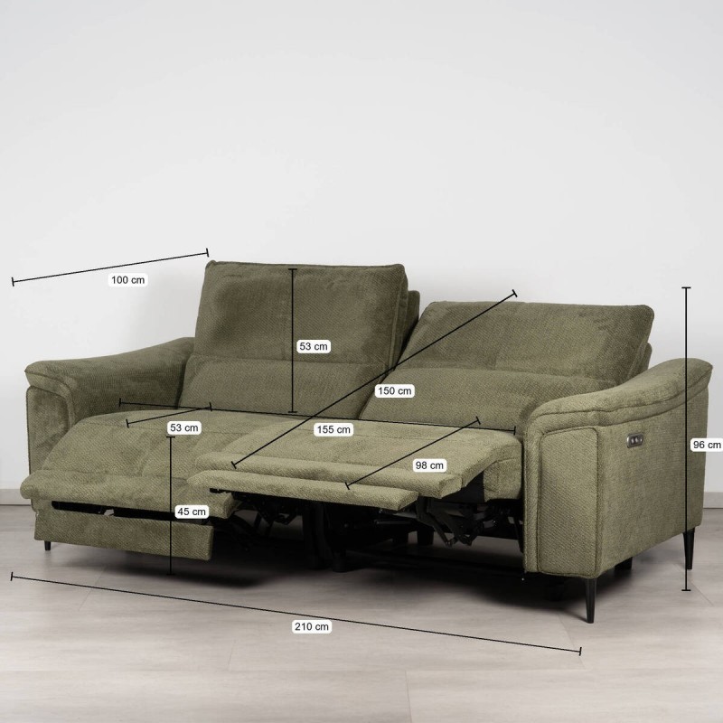 Sofá Vlora Tres Plazas Relax Eléctrico Tapizado en Verde Oliva 210 cm
