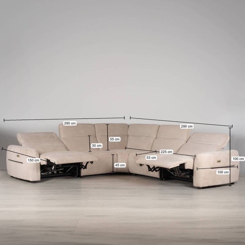 Sofá Rinconera Lena con Relax Eléctrico y Reposacabezas Italiano 290 x 290 cm