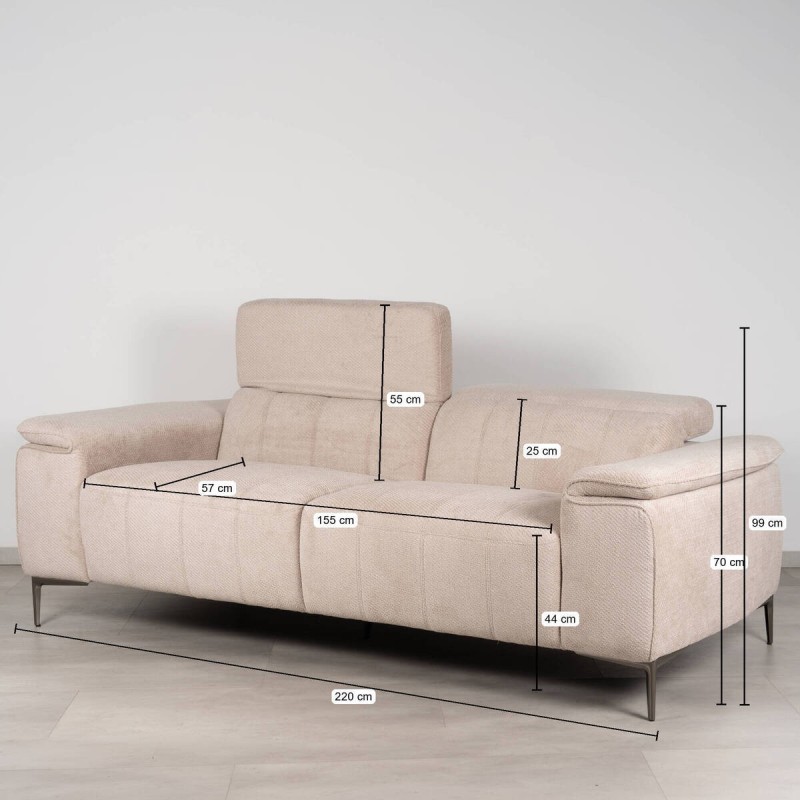 Rif 3-Seater Sofa with Italian Fabric Headrest, Beige and Metal Legs, 220 cm