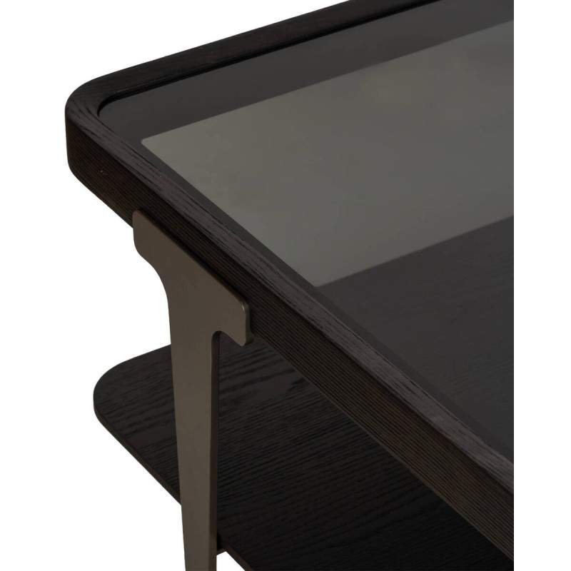 Mesa de centro bruma negra con tapa de cristal ahumado y estante en chapa de fresno