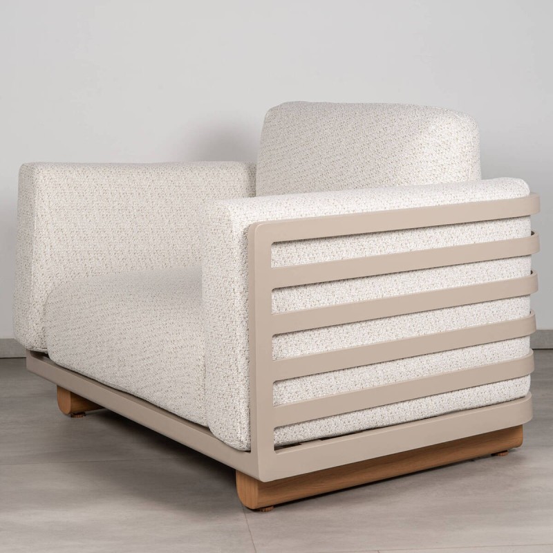 Sillón exterior Moka en Aluminio con Listones Laterales y Cojines en Tejido Crema