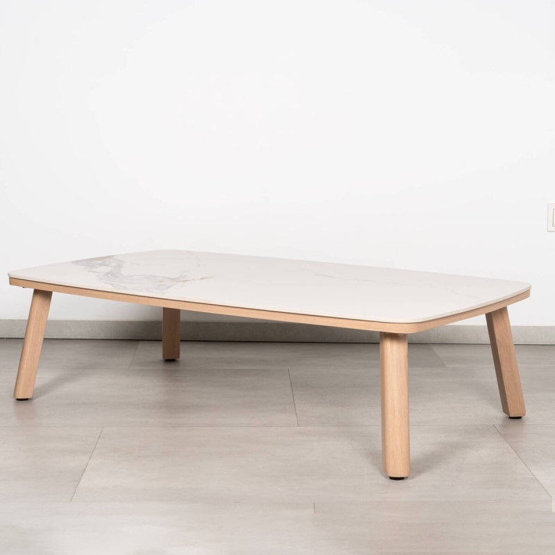 Mesa de Centro exterior Rail con Tablero en Piedra Sinterizada Efecto Mármol y Patas en Madera